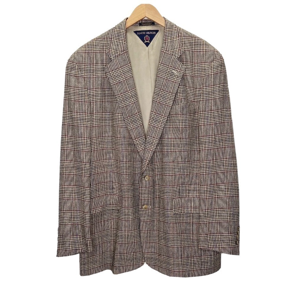 Tommy Hilfiger Mens Vintage made USA Checked plaid Wool Brown Blazer 44L